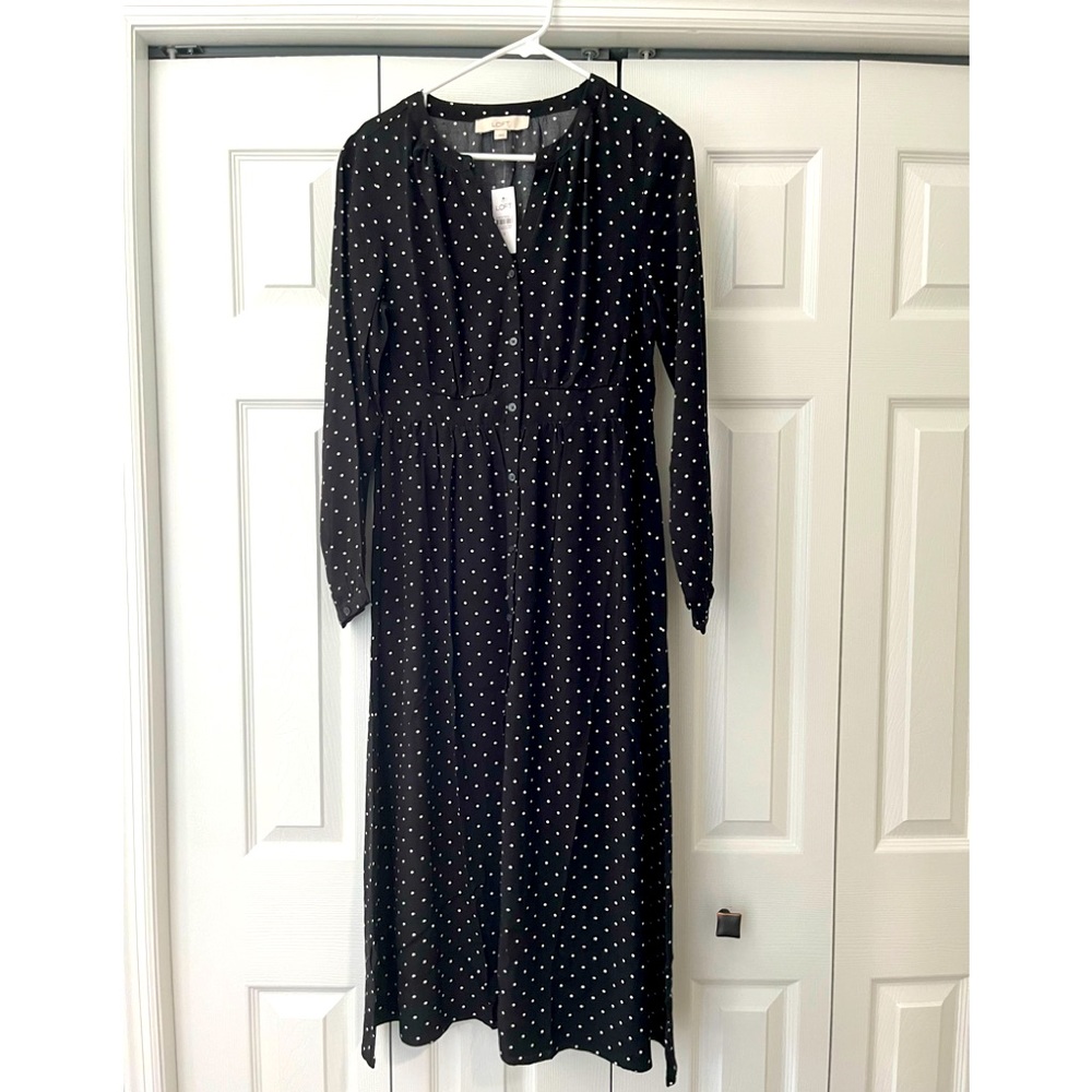 LOFT NWT Black / White Dot Midi Dress